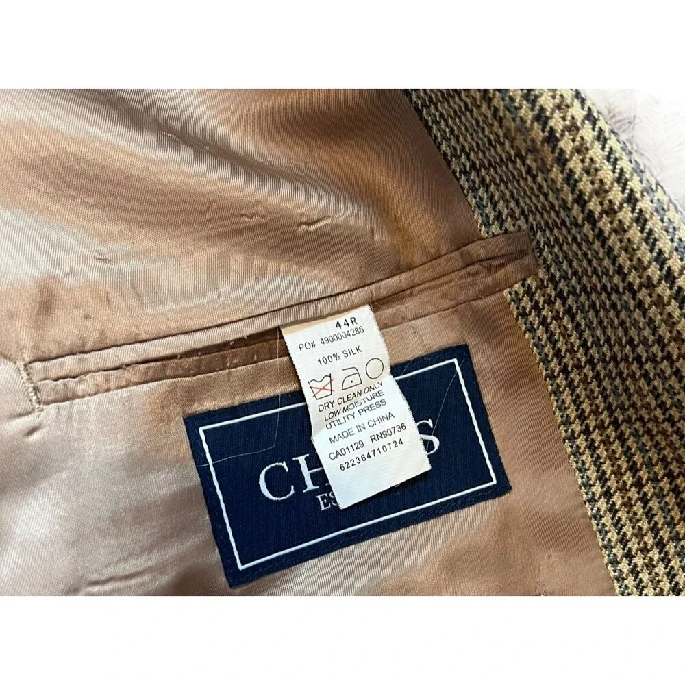 Chaps Men's Brown Houndstooth Check 100% Silk Sport Coat Blazer Jacket Size 44R